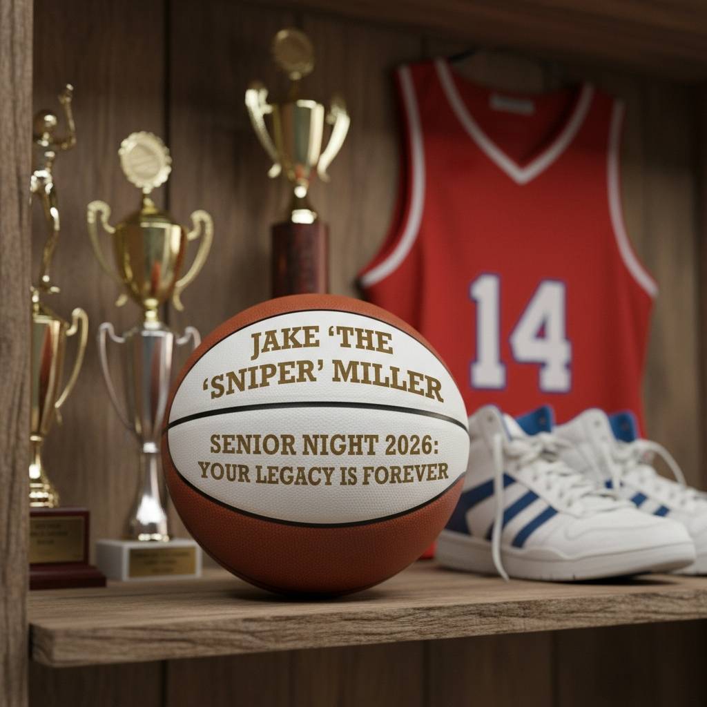 Basketball personalized with sample engraving "Jake 'The Sniper' Miller" and "Senior Night 2026: Your Legacy Is Forever," displayed with trophies, sports jersey, and sneakers