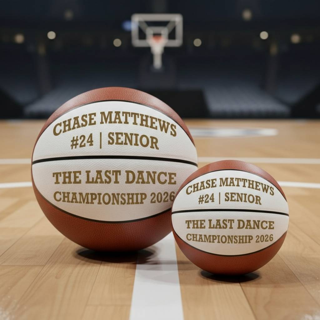 Standard and mini basketballs personalized with sample engraving reading "CHASE MATTHEWS #24 | SENIOR" and "THE LAST DANCE CHAMPIONSHIP 2026" displayed on hardwood court