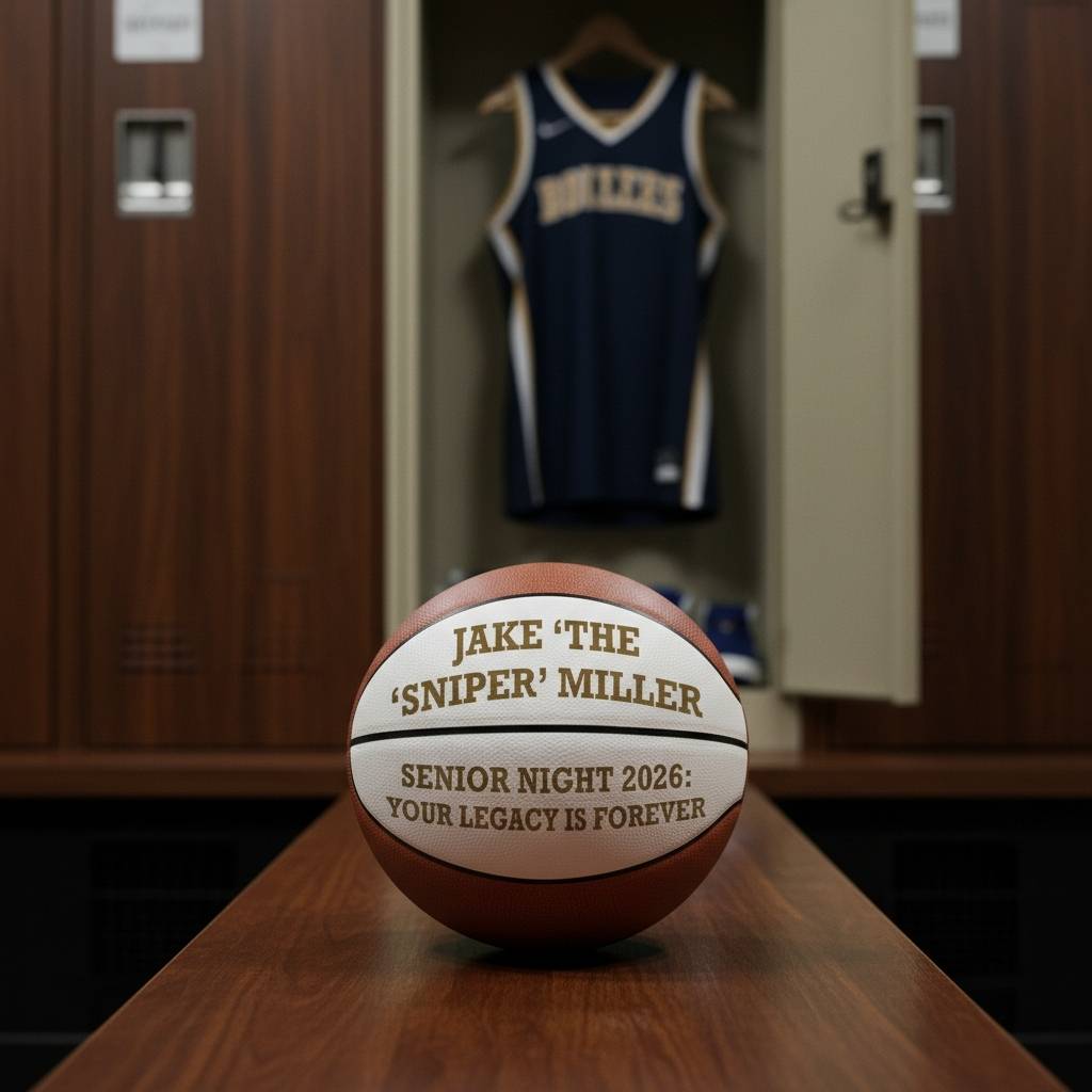Basketball with white panels engraved with sample text "Jake 'the Sniper' Miller" and "Senior Night 2026: Your Legacy is Forever," displayed in locker room setting.