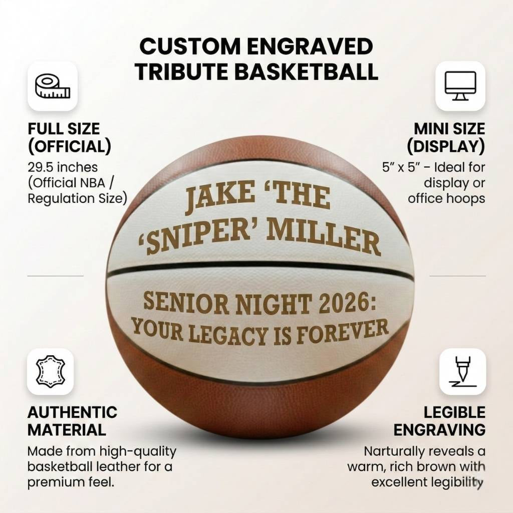 Basketball with sample personalization engraved in gold text reading "Jake 'The Sniper' Miller" and "Senior Night 2026: Your Legacy Is Forever