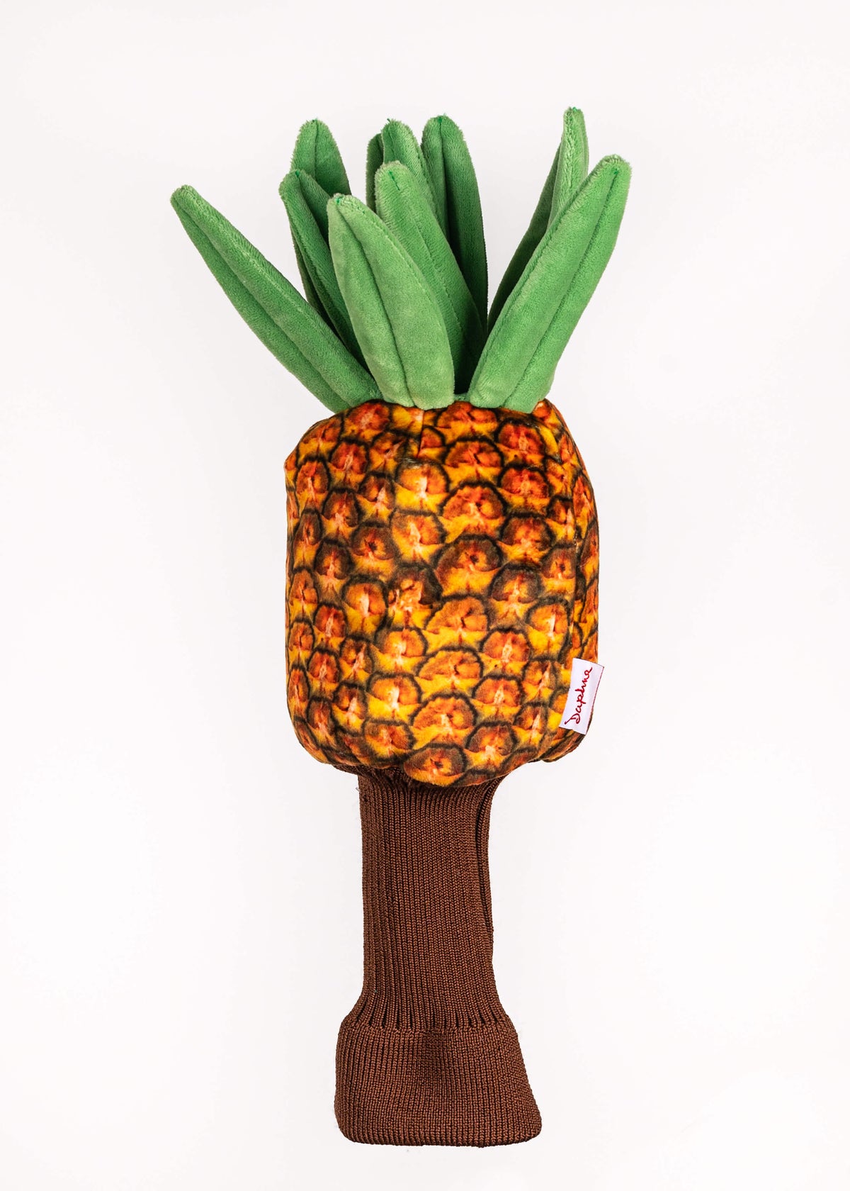 Pineapple plush golf headcover for drivers up to 460cc, photographed on a plain background