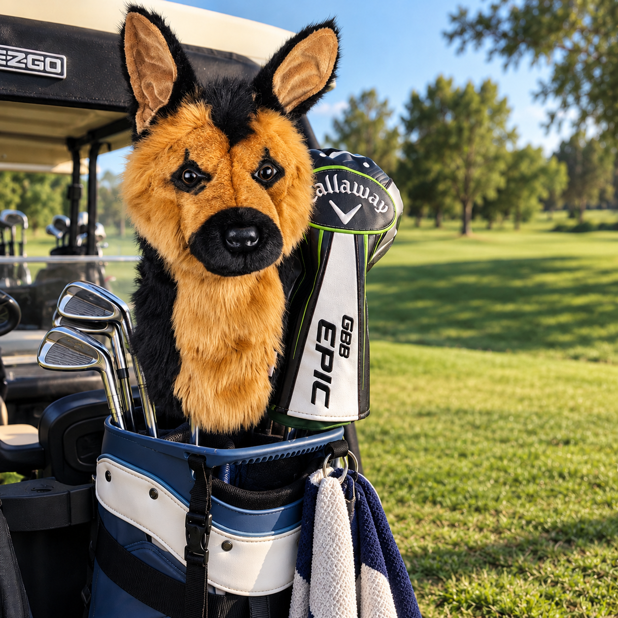 Dog breed golf headcover in tan and black featuring a German Shepherd face on a golf course with golf bag and clubs