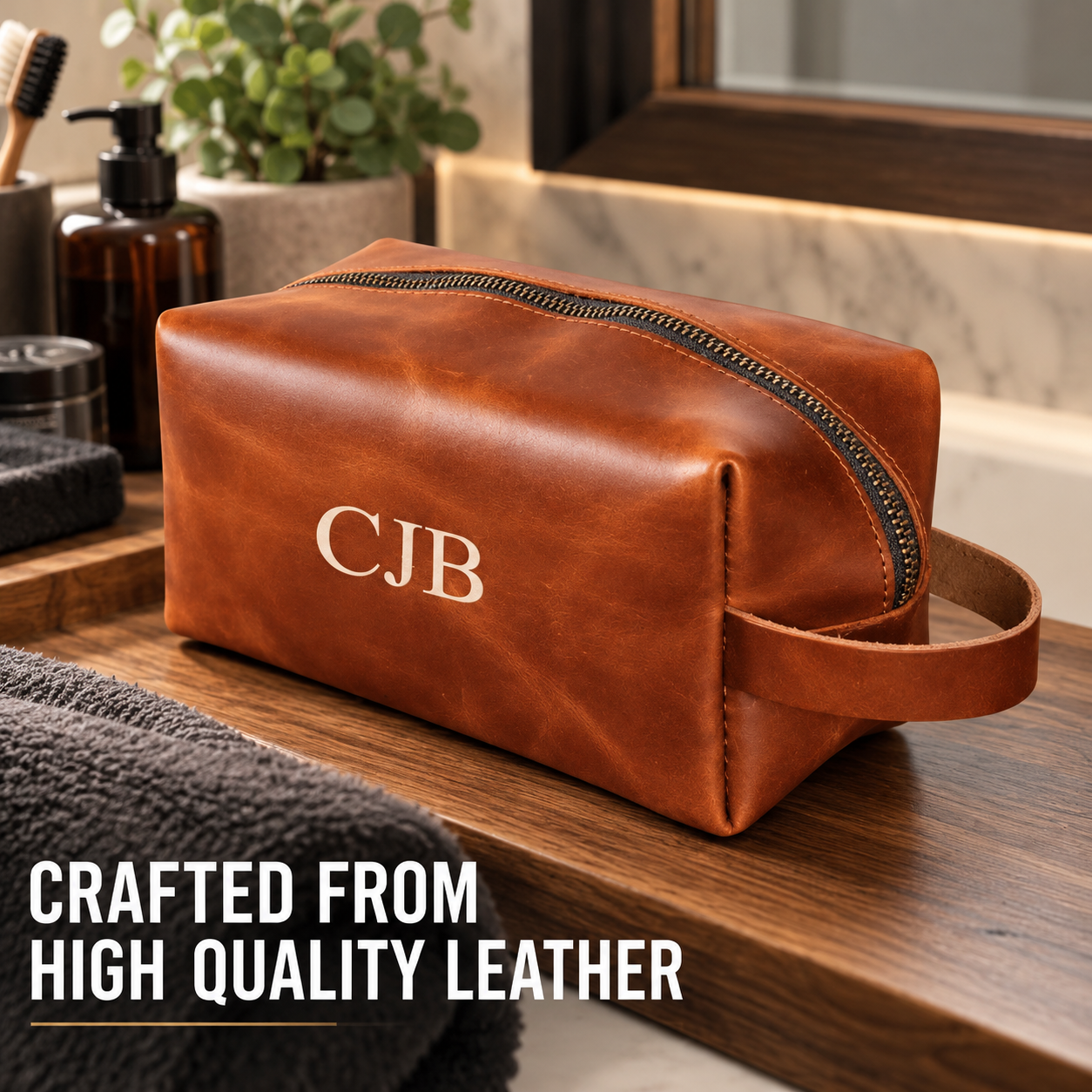 Personalized cognac leather dopp kit with a CJB monogram on a walnut table, showing the full-grain leather, brass zipper and carry strap