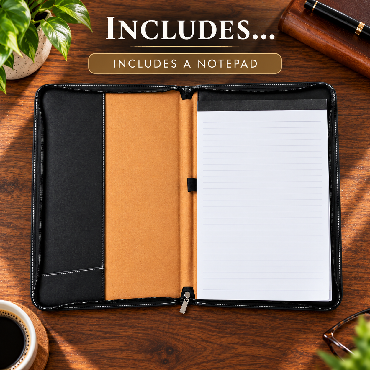 Inside the black zip padfolio: a lined legal pad on the right, an empty elastic pen loop on tan lining and a tall pocket on the left