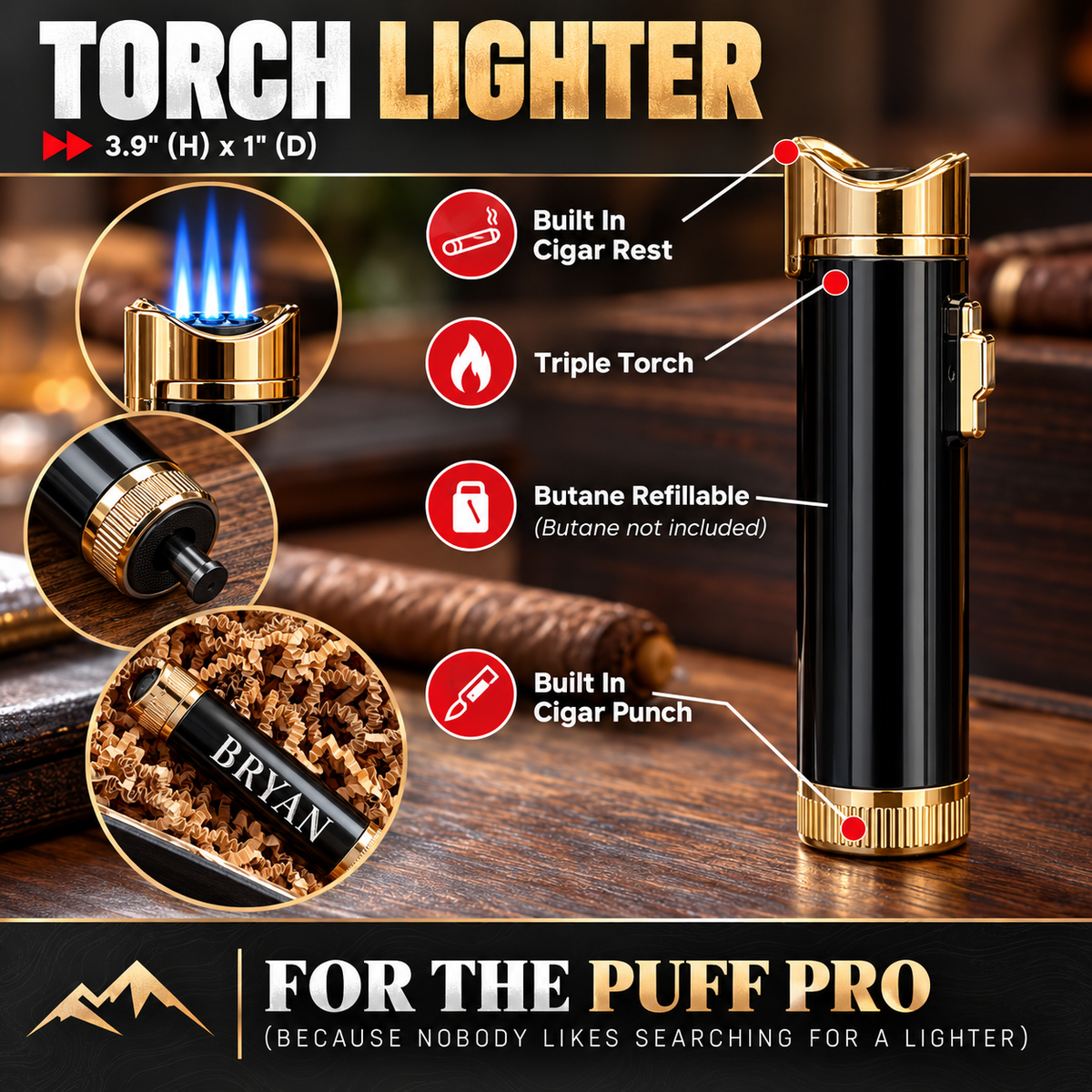 Black and gold triple-torch lighter with built-in cigar rest and punch, shown with sample engraving reading "BRYN" and labeled features including blue flame detail