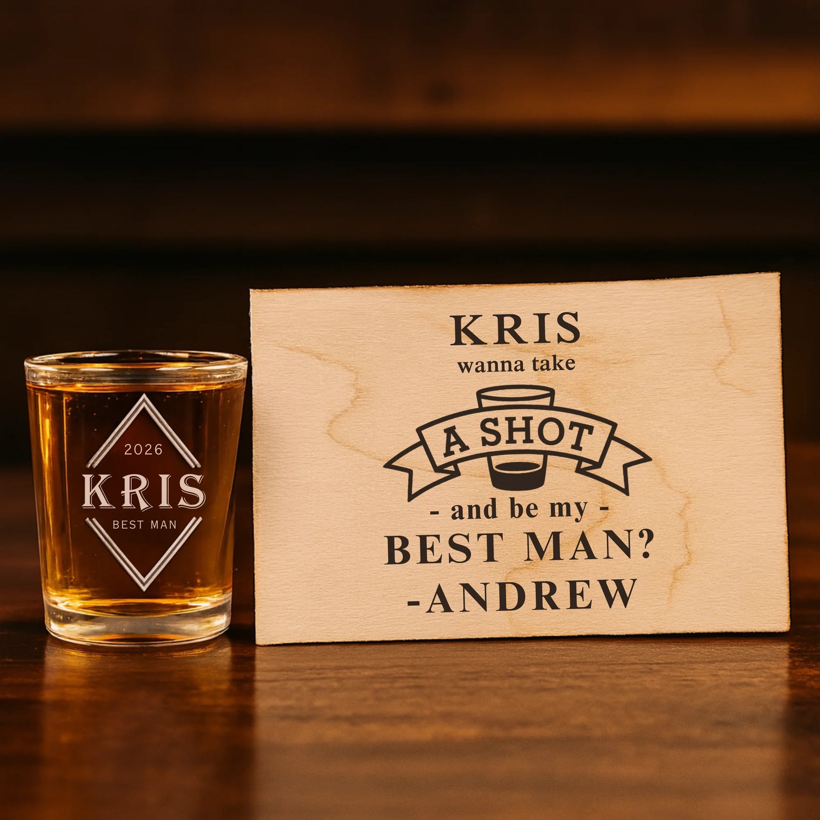 Personalized Suit Up Shot Proposal Set with engraved wooden card and custom shot glass for groomsman proposal