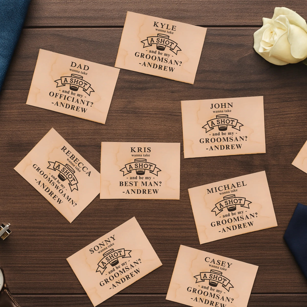 Personalized Suit Up Shot Proposal Set with engraved wooden card and custom shot glass for groomsman proposal