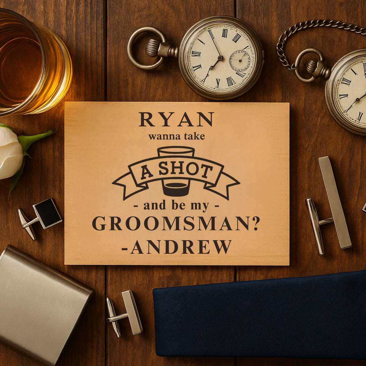 Personalized Suit Up Shot Proposal Set with engraved wooden card and custom shot glass for groomsman proposal