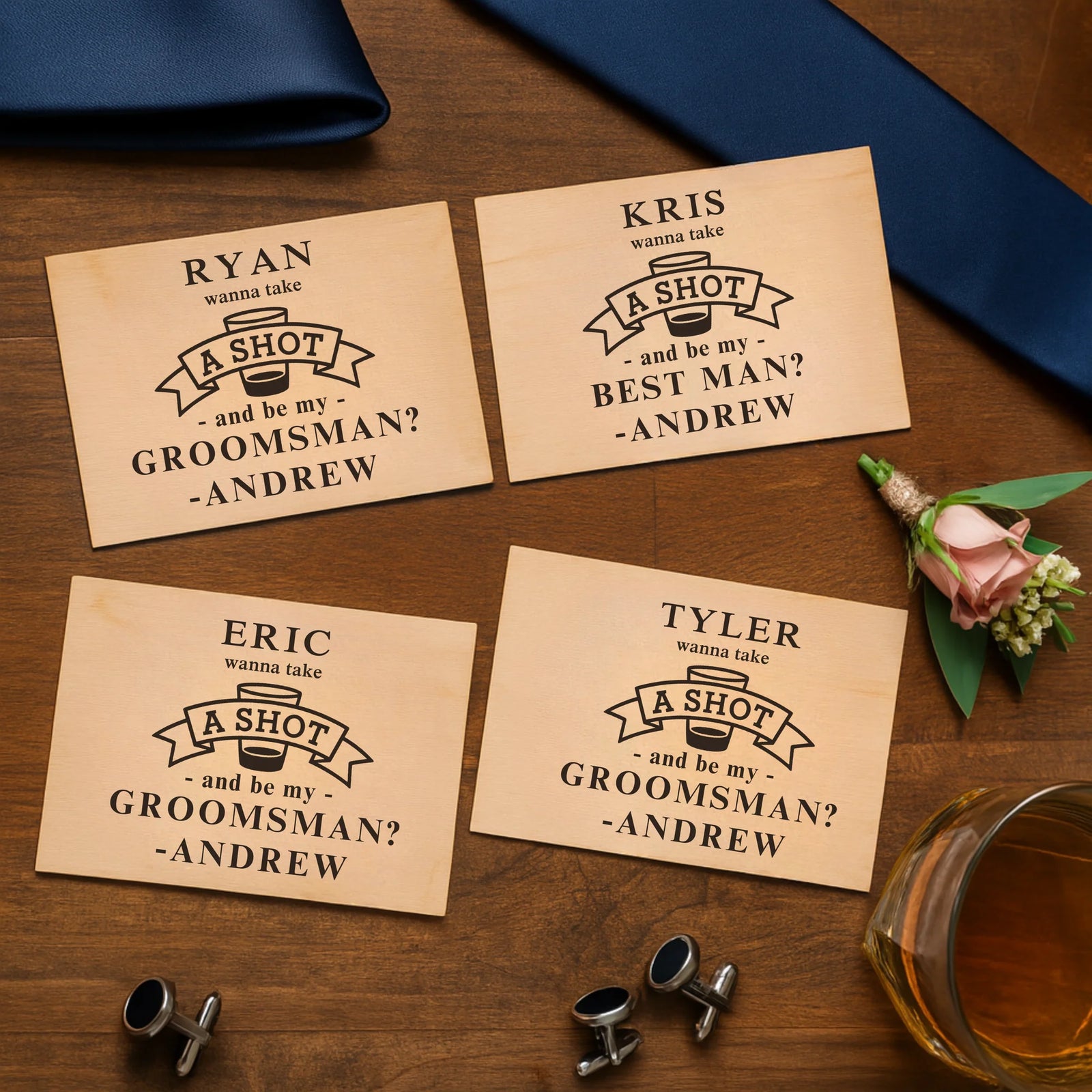 Personalized Suit Up Shot Proposal Set with engraved wooden card and custom shot glass for groomsman proposal
