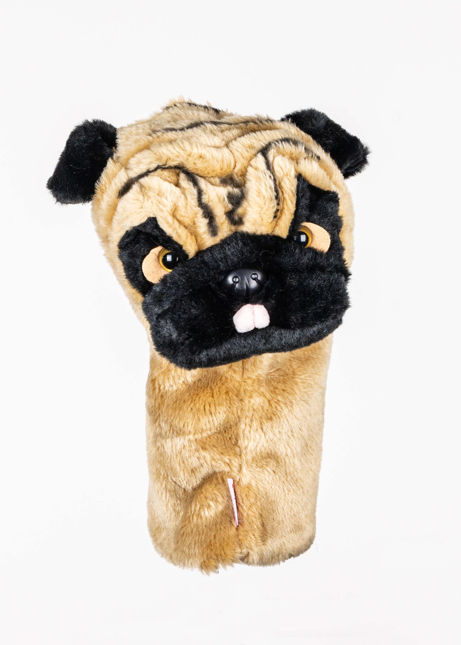Pug plush golf headcover for drivers up to 460cc, photographed on a plain background