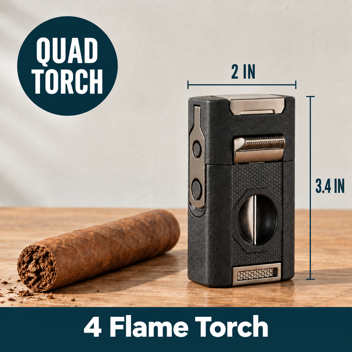 Black four-flame butane torch lighter with quad torch ports, dimensions marked 2 inches wide by 3.4 inches tall, displayed beside a cigar on a wooden surface