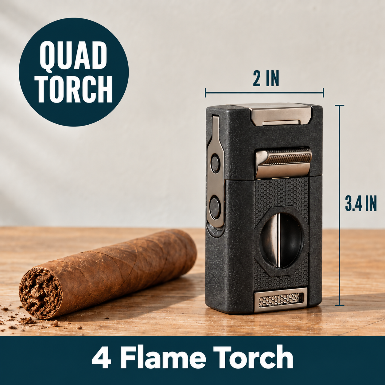 Black four-flame butane torch lighter with quad torch ports, dimensions marked 2 inches wide by 3.4 inches tall, displayed beside a cigar on a wooden surface