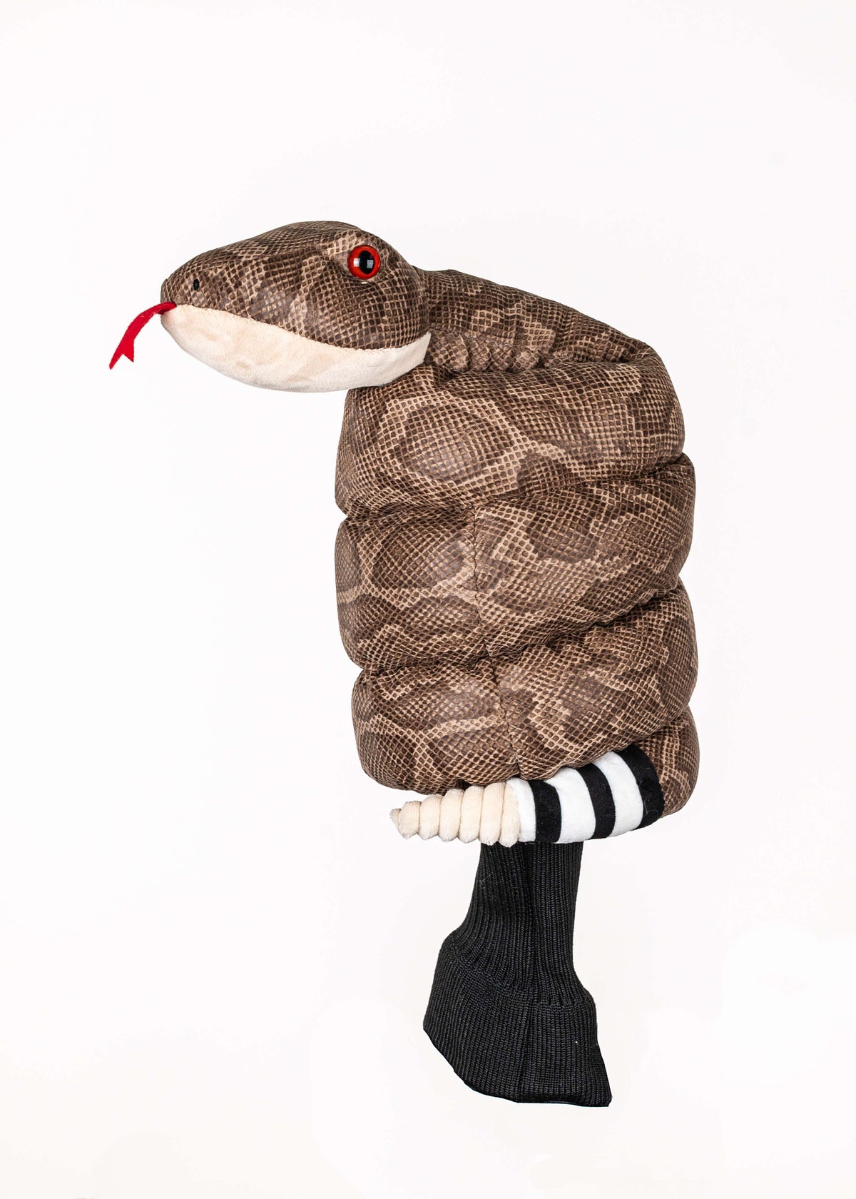 Rattlesnake plush golf headcover for drivers up to 460cc, photographed on a plain background