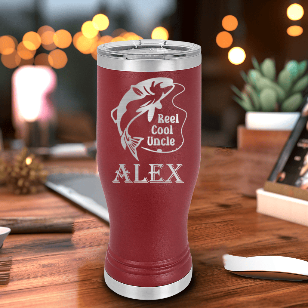 Maroon Uncle Travel Mug With Handle With Reel Cool Fishing Uncle Design