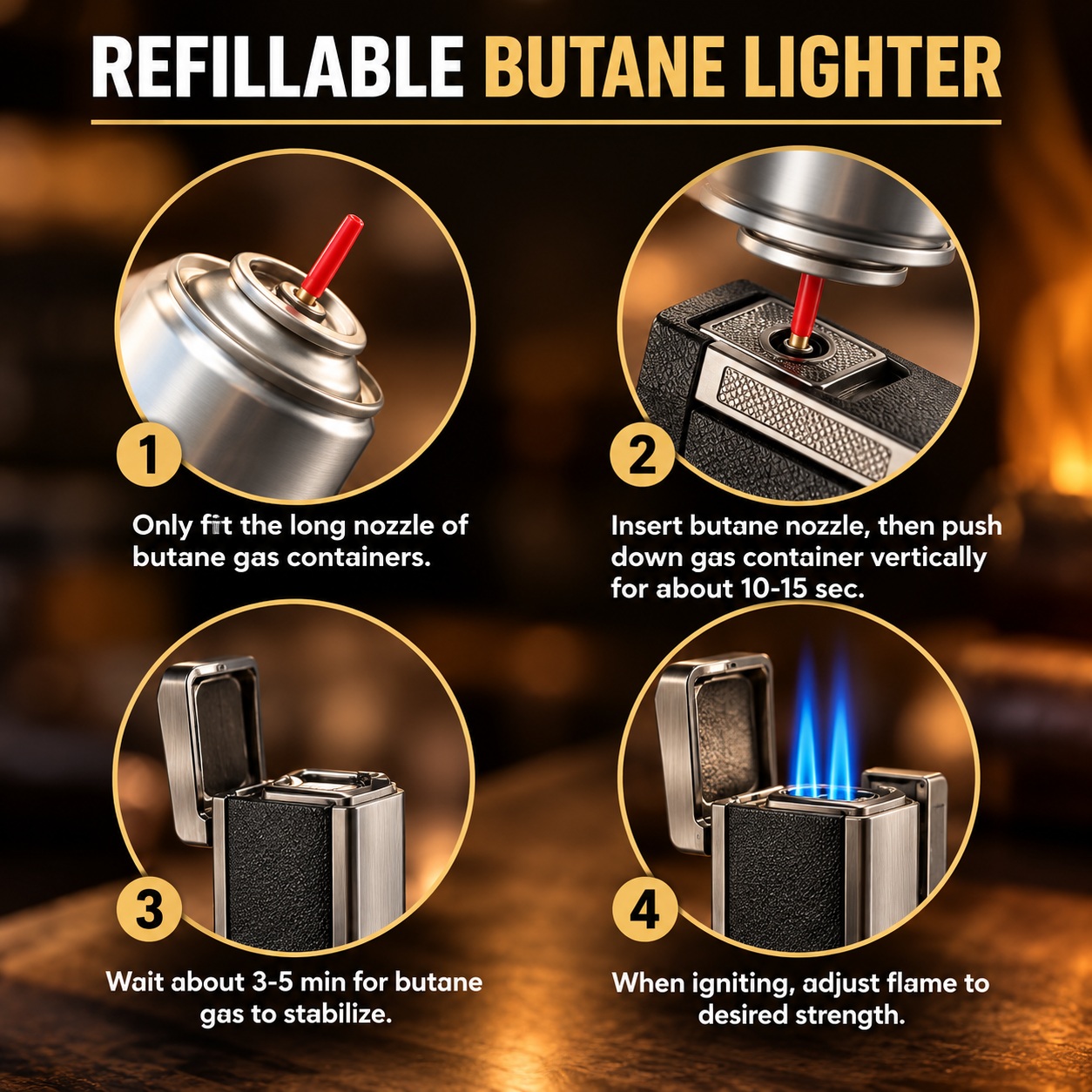 Refillable butane lighter with black textured grip and stainless steel top, shown in four-step instruction sequence demonstrating refilling and flame adjustment process