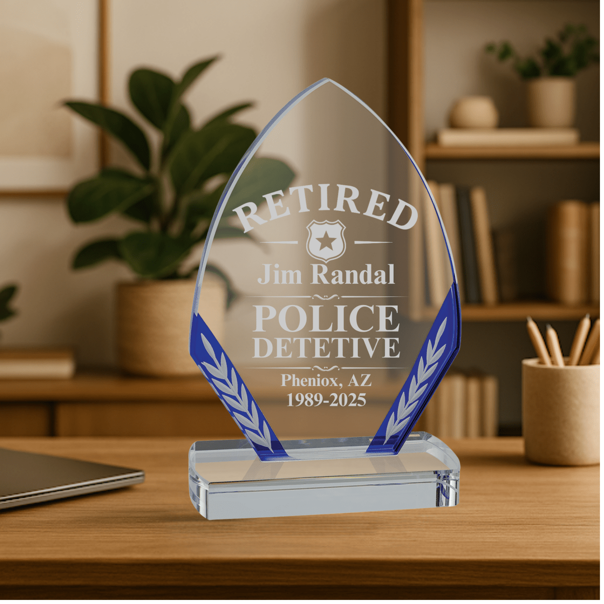 Police Retirement Award – Personalized Glass Plaque with Blue
