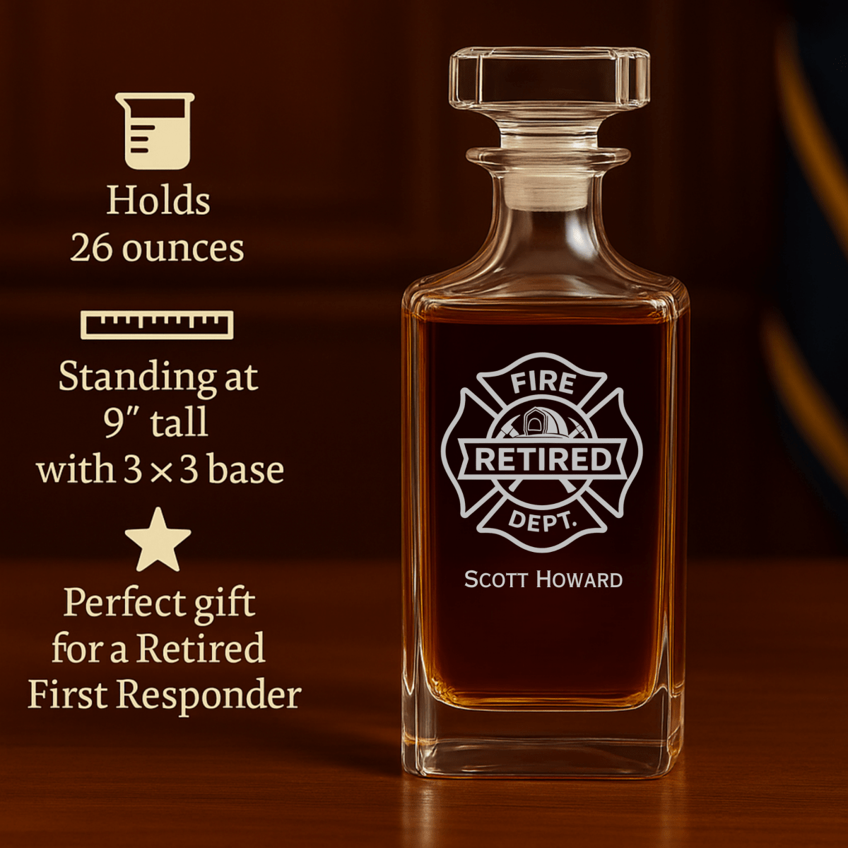 Unique Personalized Retired Firefighter Decanter Customized Retirement Gifts for Men by Groovy Guy