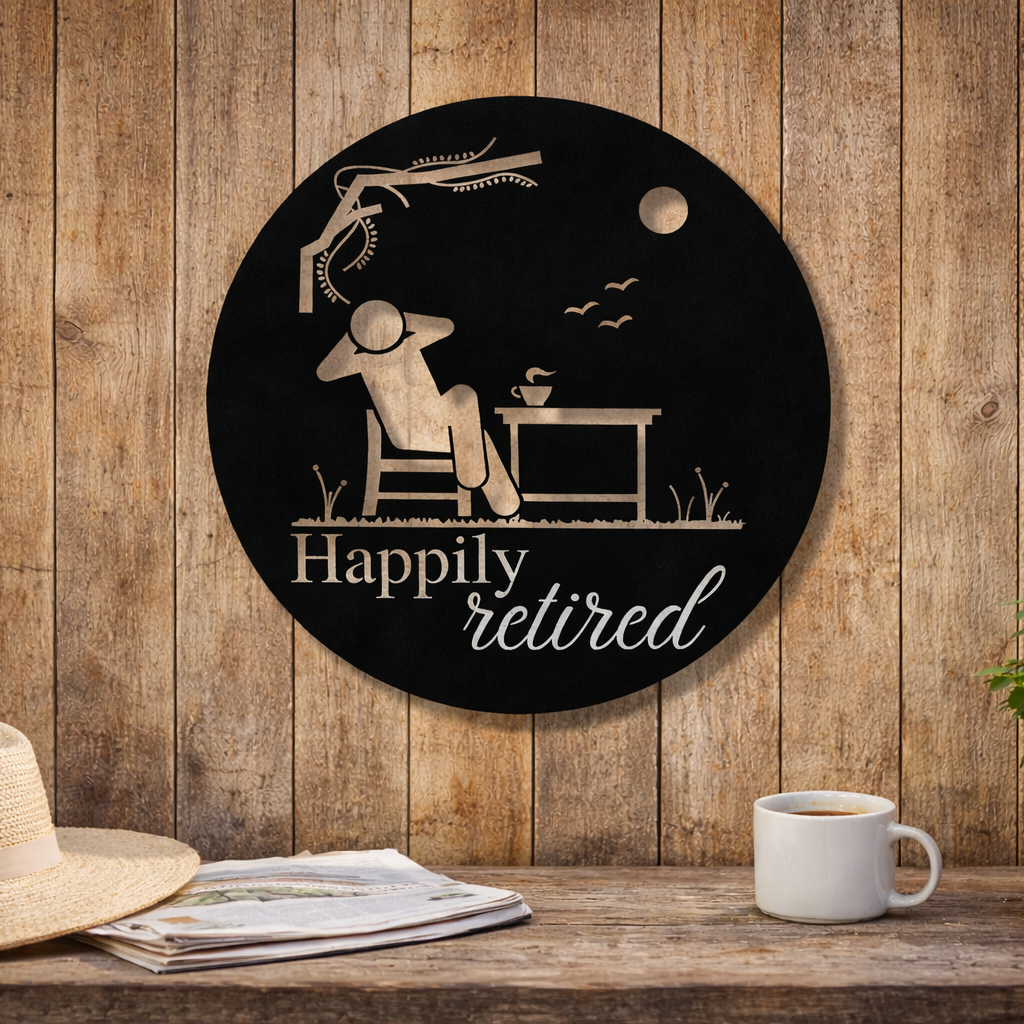 Decorative wall art with 'Happily retired' design on a wooden background with a hat, newspaper, and coffee cup.