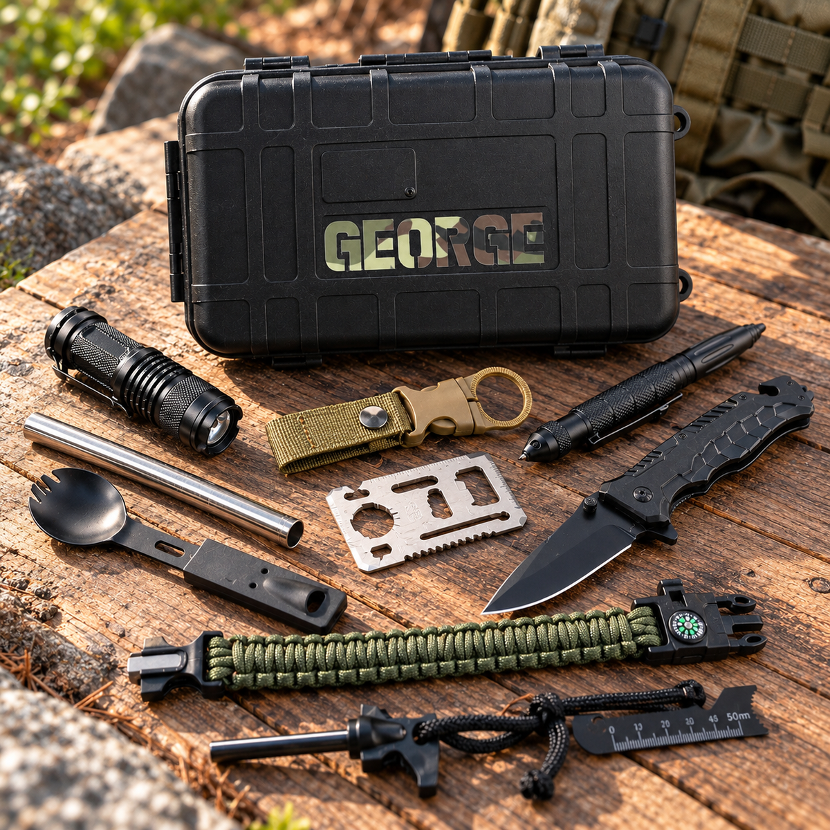 Personalized survival kit with the name GEORGE in camo letters on the black case, laid out with the folding knife, flashlight, paracord bracelet and fire starter