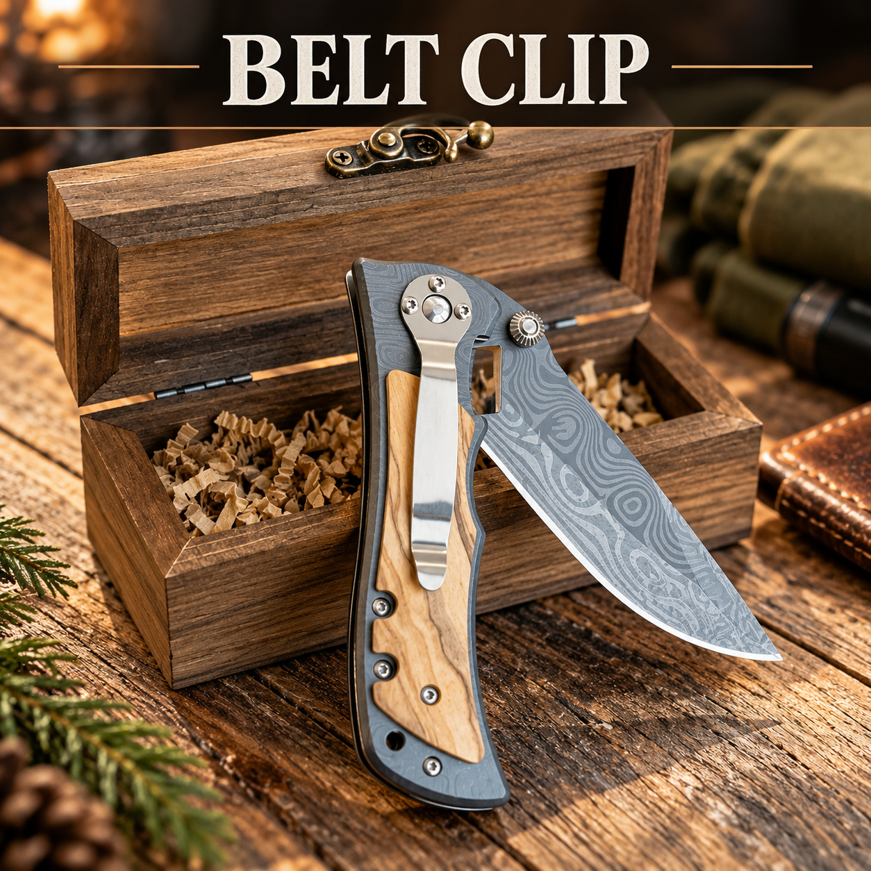 Open wooden gift box beside the personalized damascus-style folding knife, opened to show the stainless steel blade and the belt clip on the handle