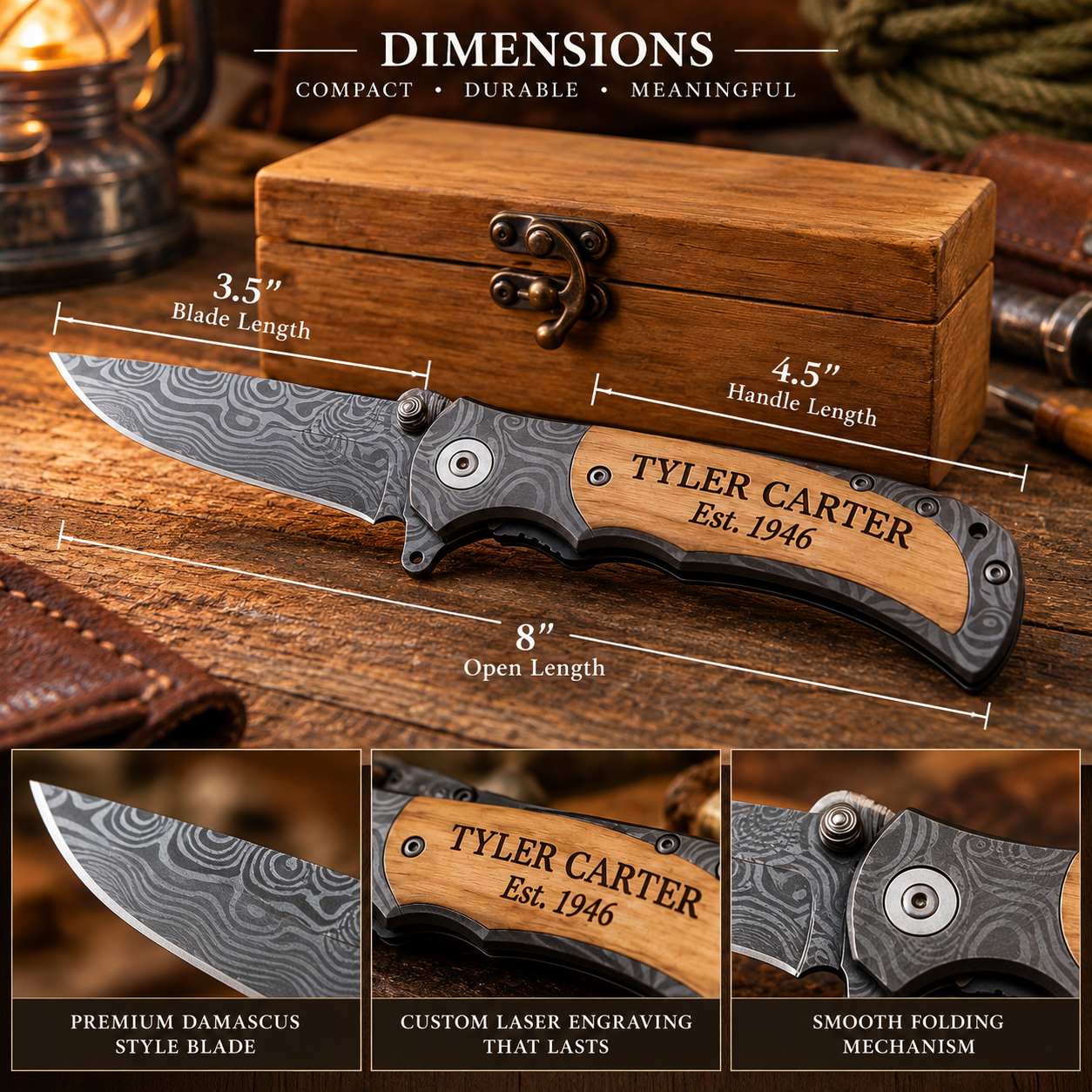 Personalized folding knife engraved Tyler Carter Est. 1946 on a workshop bench in front of its wooden gift box, a thoughtful 80th birthday gift for Dad with Details