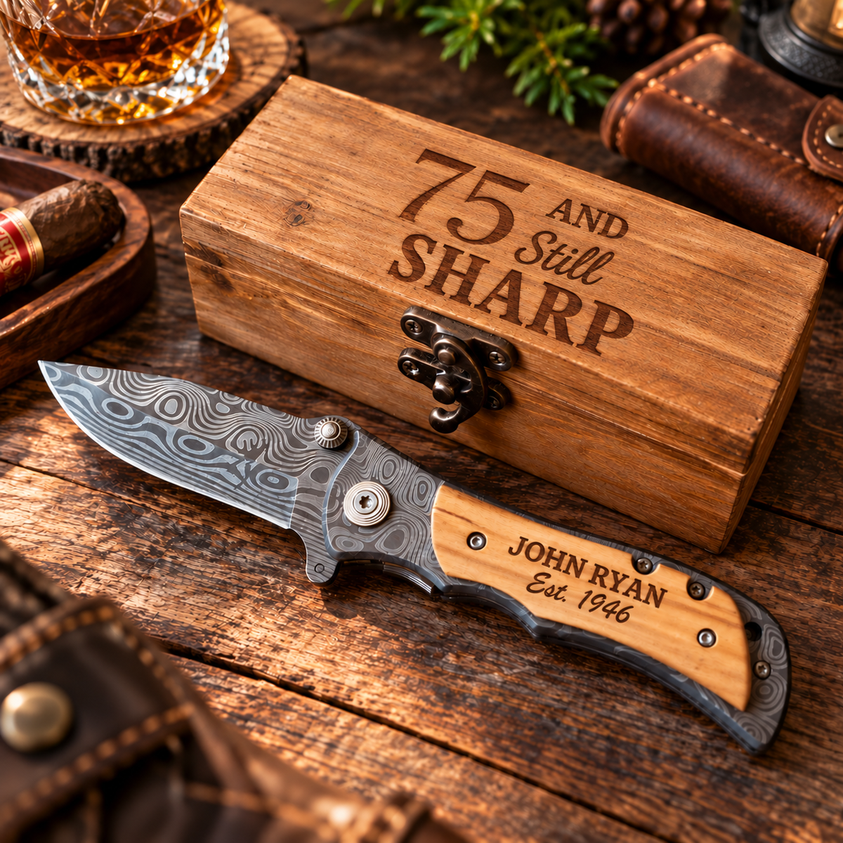 Engraved 75 and Still Sharp keepsake box on a rustic wood table beside a personalized folding knife reading John Ryan Est. 1951 on its wood handle
