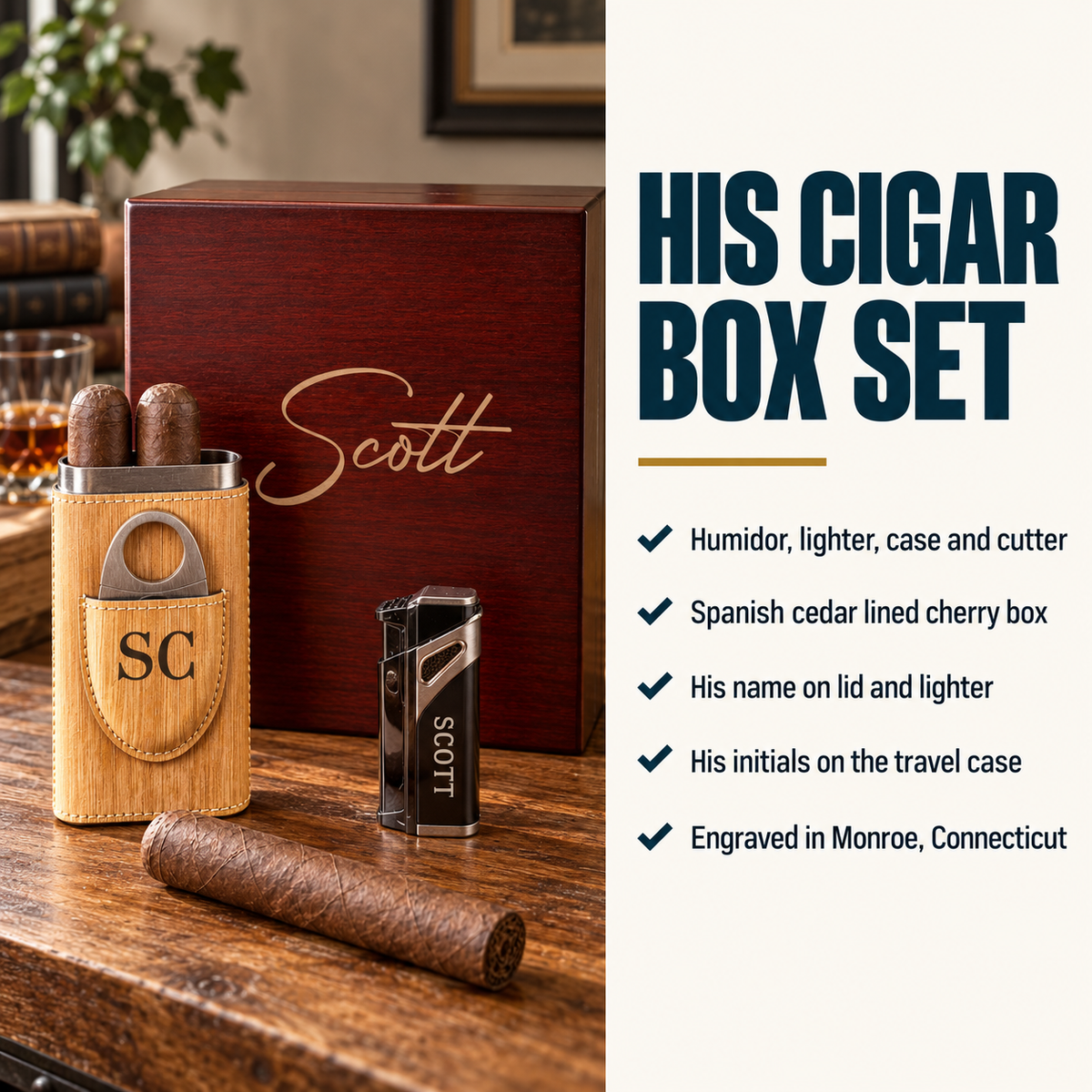 Dark cherry wood cigar box engraved with name Scott, paired with wooden cedar-lined humidor, lighter, cutter, and travel case with initials SC