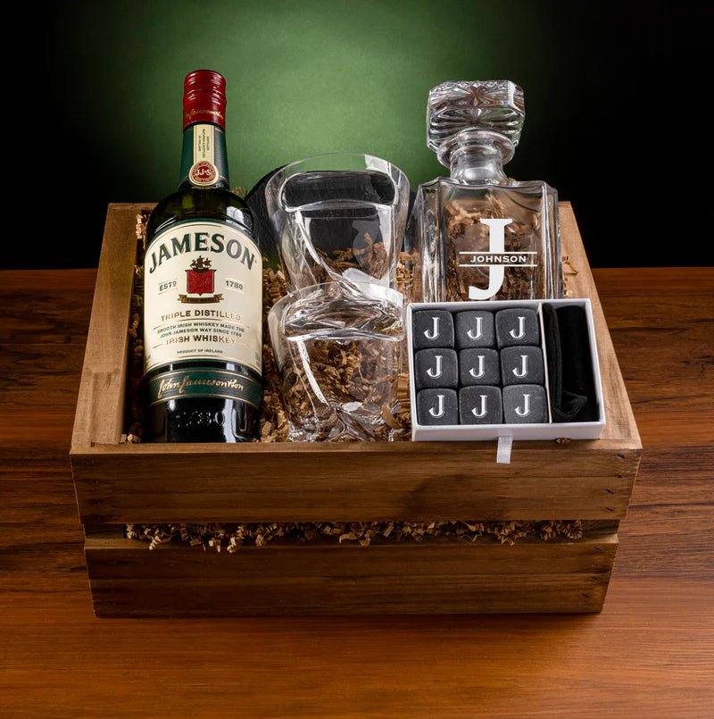 Togetherness Toast Personalized Decanter Set with engraved whiskey stones, decanter, and coasters in a personalized box