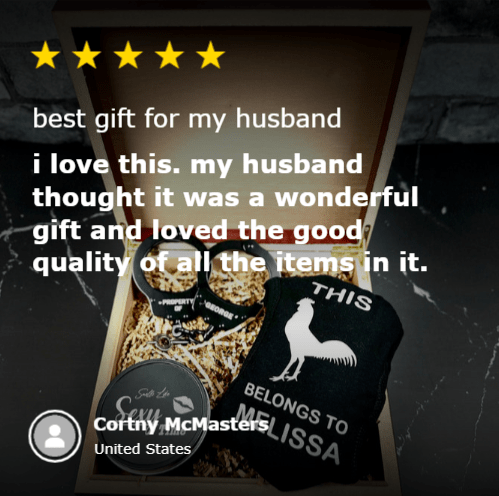 Personalized Sexy Gift Set featuring a custom cedar-lined wooden box, engraved handcuffs, personalized boxers, and a pine-scented candle – perfect for Valentine’s Day, anniversaries, or romantic occasions.