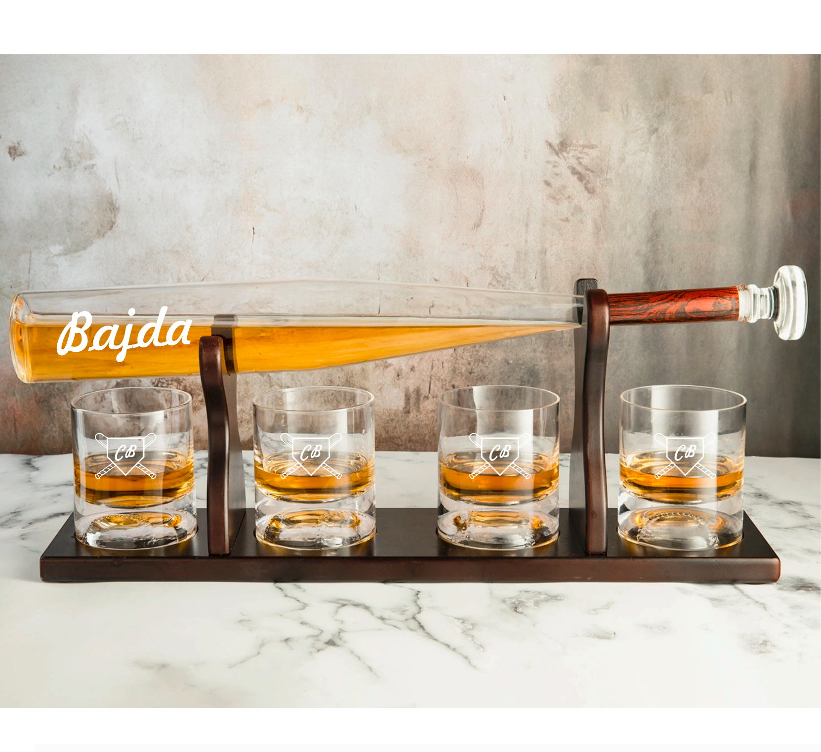 Baseball Bat Whiskey Decanter Set Personalized with Name and Initials