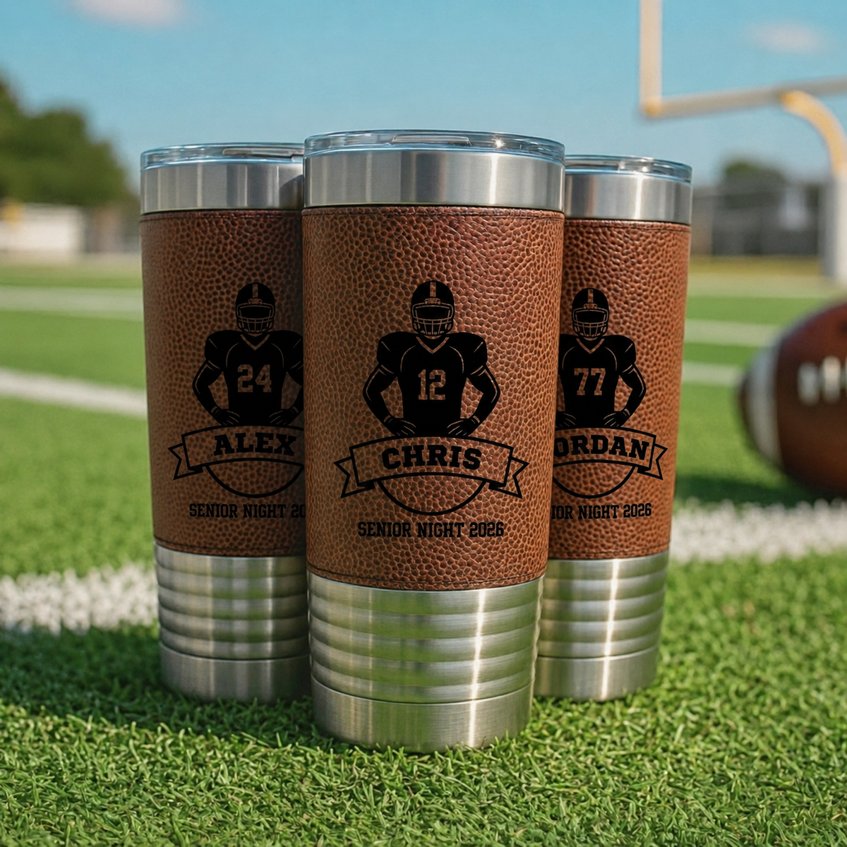 Gridiron Senior Night Personalized Football Tumbler engraved with jersey number and name