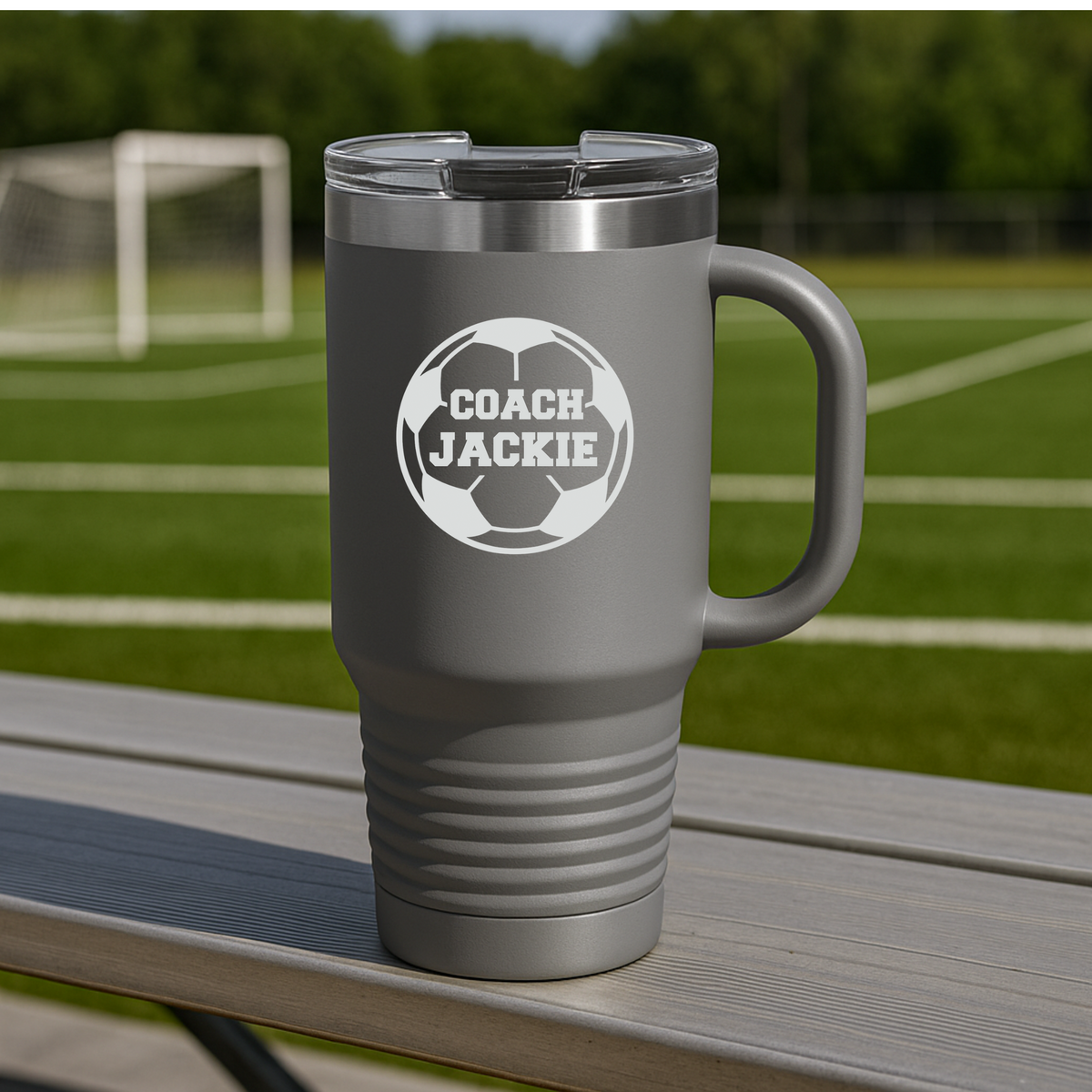 Custom 40 oz soccer coach tumbler with lid and straw in personalized color and name for female coaches