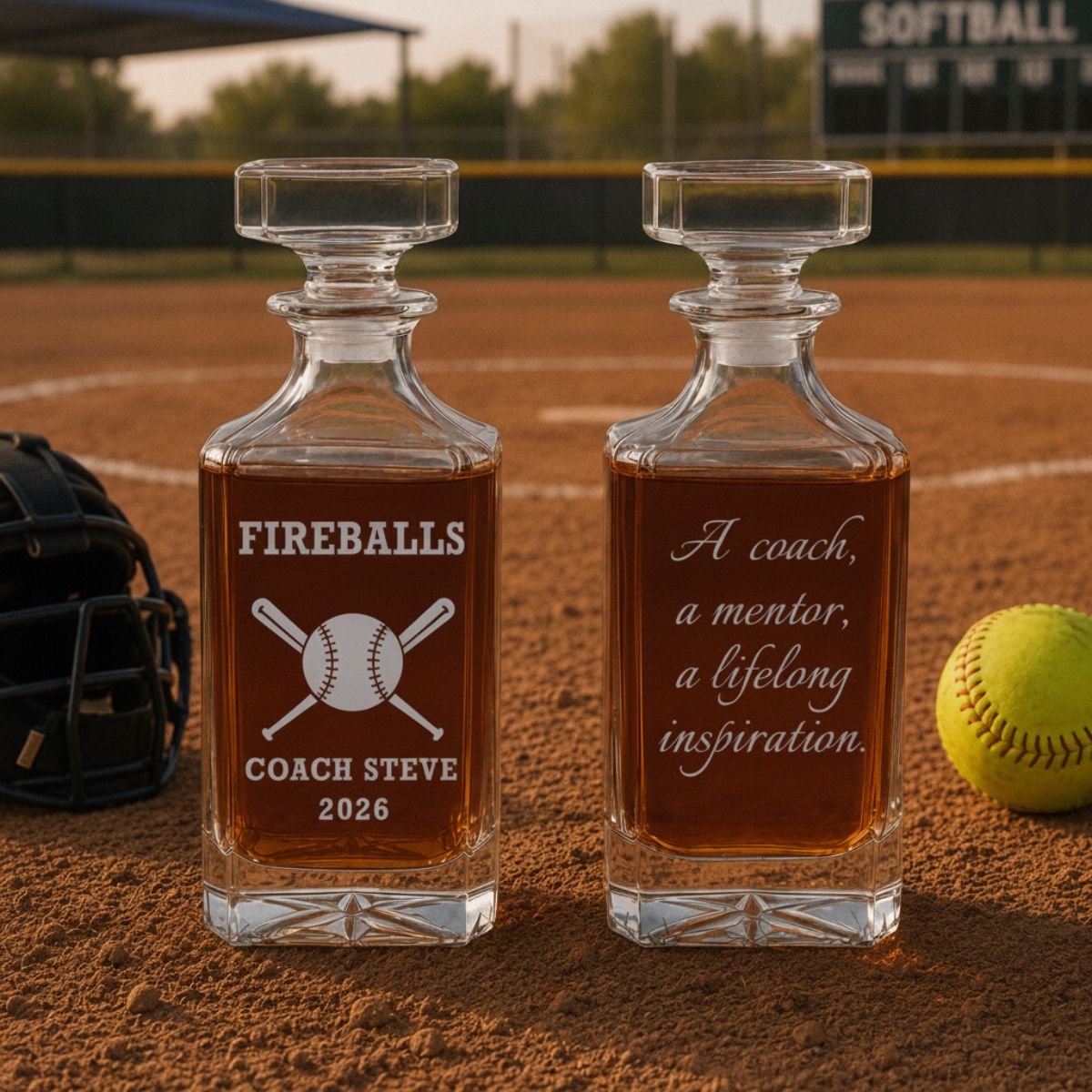 Personalized softball coach decanter engraved with team name, coach name, and 2026 season