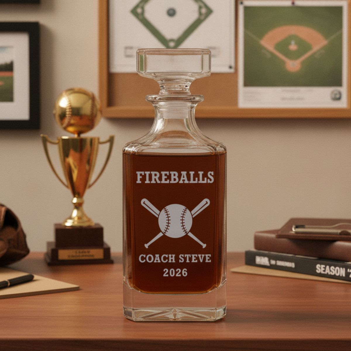 Personalized softball coach decanter engraved with team name, coach name, and 2026 season