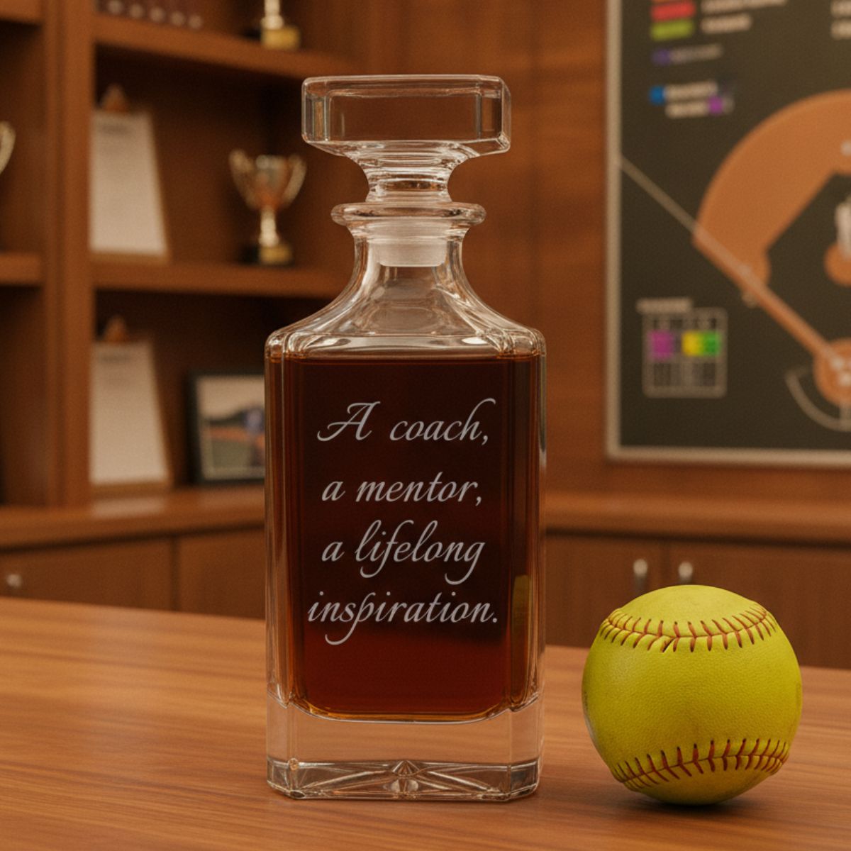 Personalized softball coach decanter engraved with team name, coach name, and 2026 season