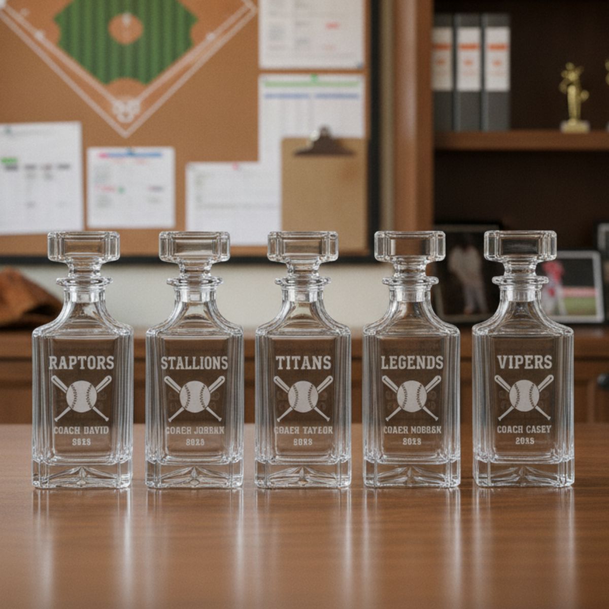 Personalized softball coach decanter engraved with team name, coach name, and 2026 season