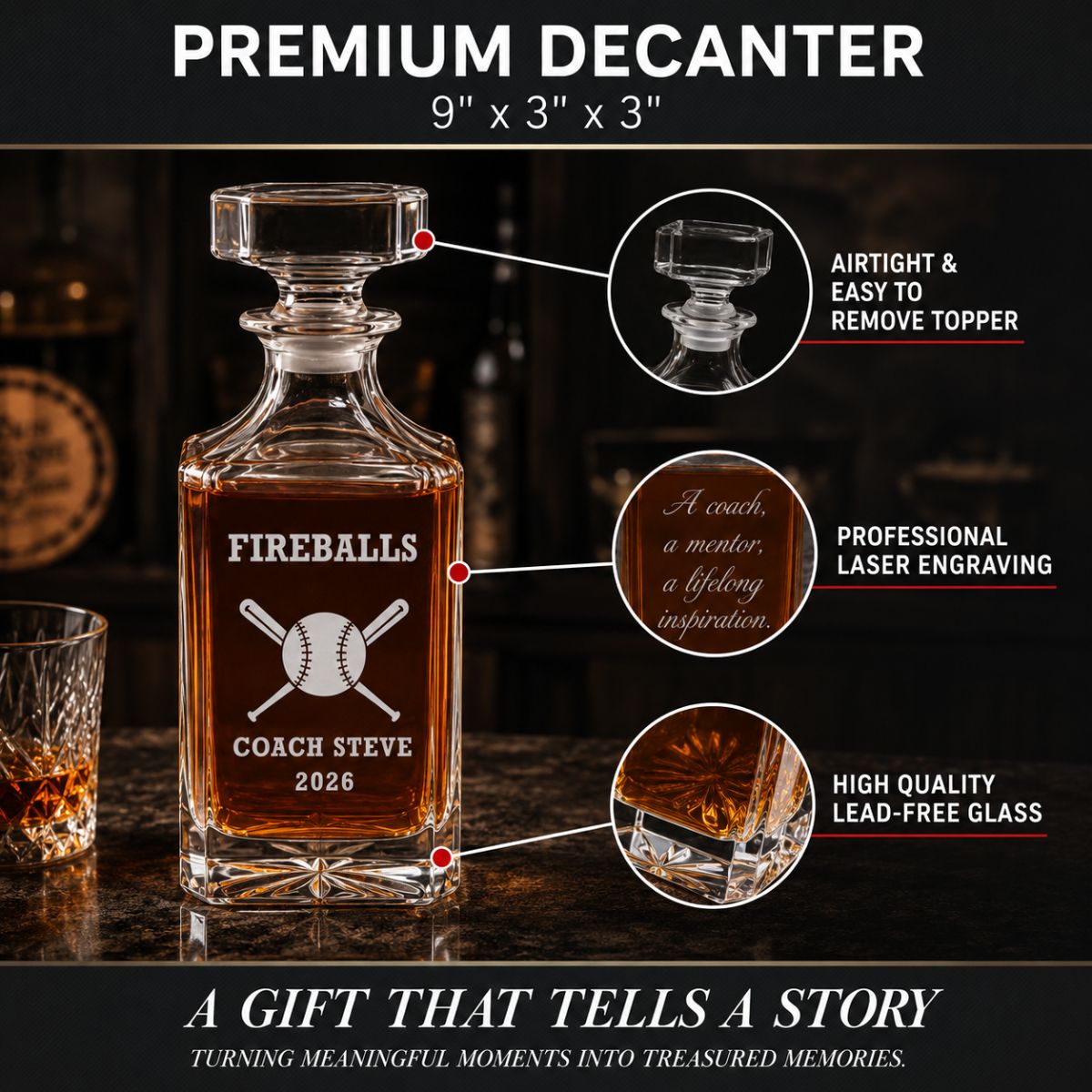 Personalized softball coach decanter engraved with team name, coach name, and 2026 season
