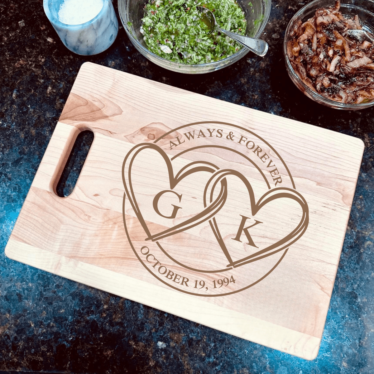 True Love Cutting Board with interlocking hearts design, personalized with initials, custom text, and wedding year – perfect for anniversaries, weddings, or romantic gifts.
