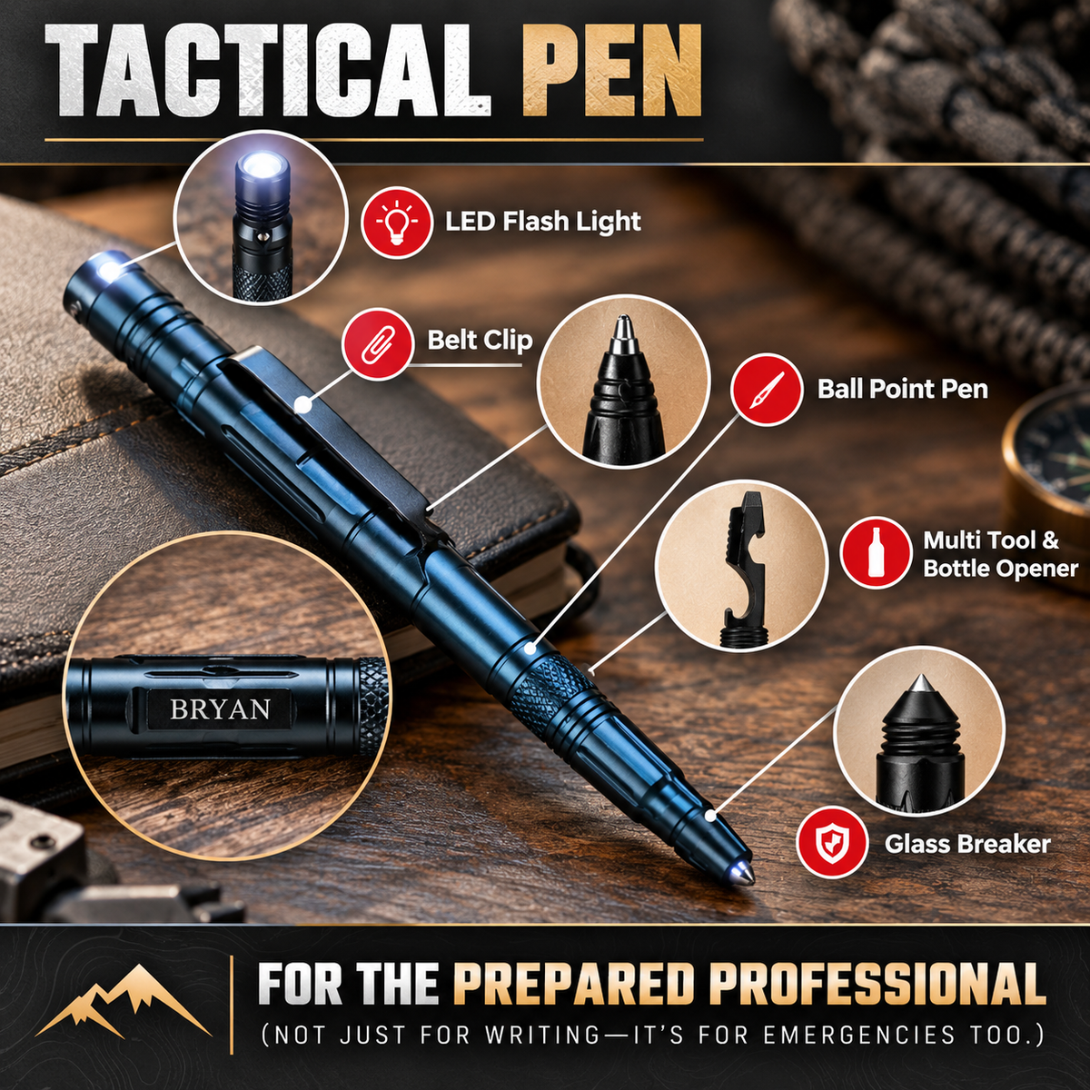 Black tactical pen with engraved name sample showing LED flashlight, ball-point pen, glass breaker, belt clip, and multi-tool bottle opener features labeled with callouts