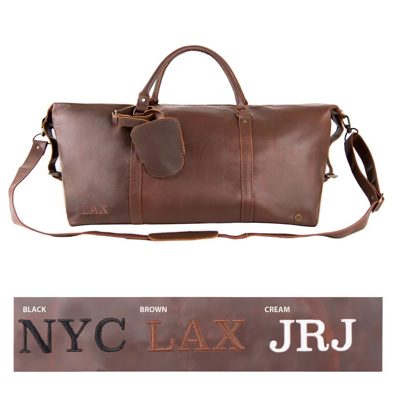 Unique Personalized Vintage Brown Leather Duffle Customized Duffel Bags Gifts for Men by Groovy Guy