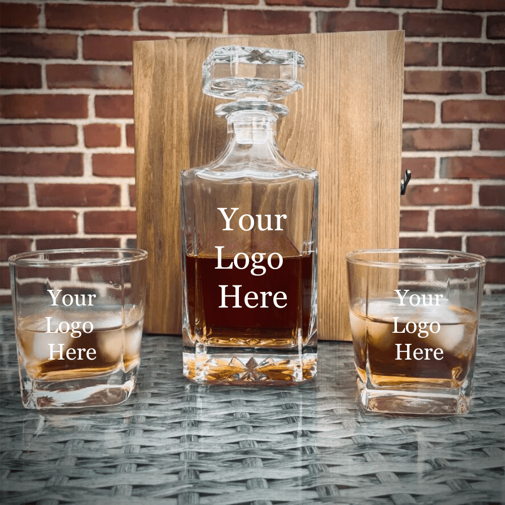 Custom logo decanter box set with two prism glasses in pine wood presentation box