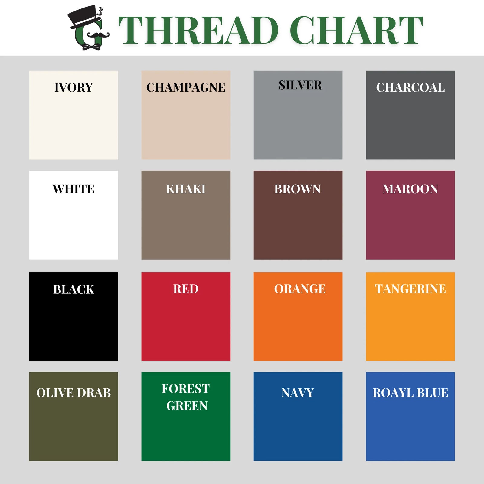 Thread color chart for the personalized graduation duffle bag showing 16 embroidery colors including ivory, khaki, red, navy and forest green.