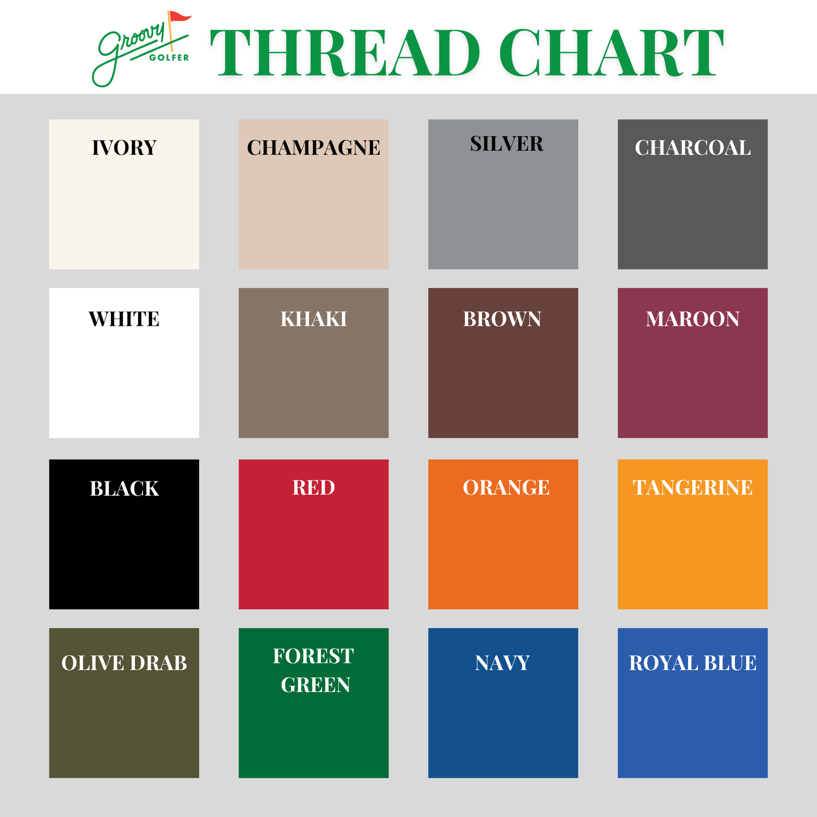 Thread color chart for the golf coach duffle bag showing 16 embroidery thread colors for the initials and crossed clubs.