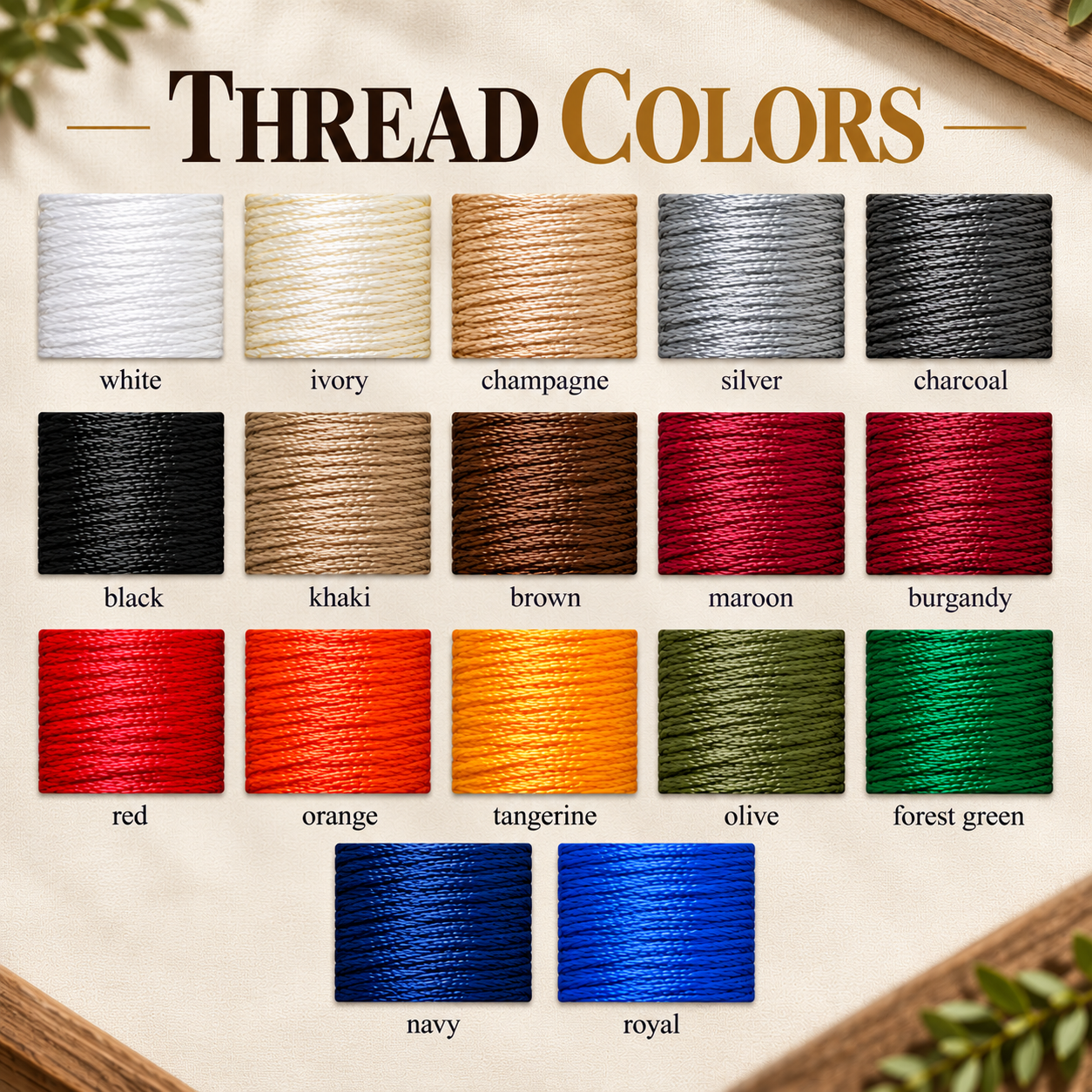 Thread color chart for the embroidered initials on this personalized toiletry bag, showing all 17 thread colors from white and white to navy and royal blue