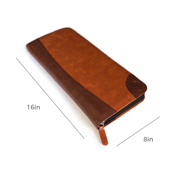 Brown vegan leather travel tie case with plush black interior, holds ties, cufflinks, and clips.