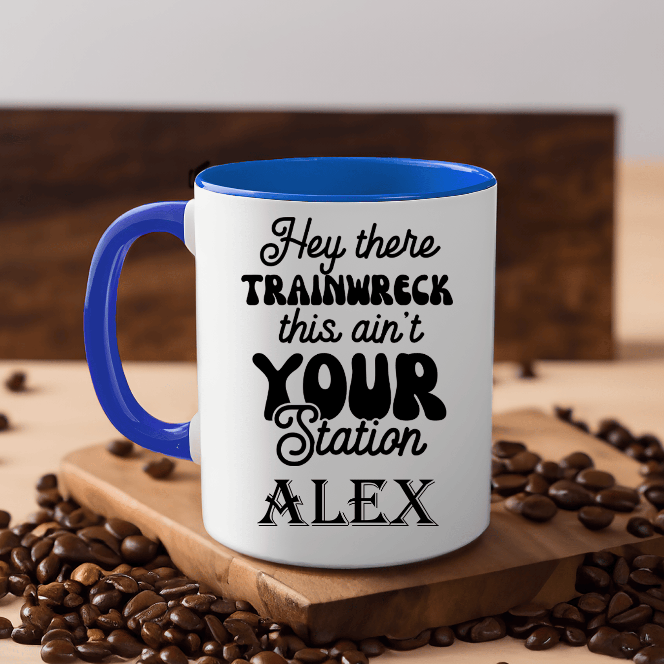 Blue Funny Coffee Mug With Trainwreck Station Design