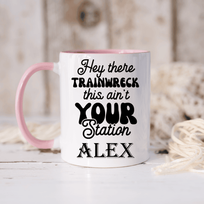 Pink Funny Coffee Mug With Trainwreck Station Design