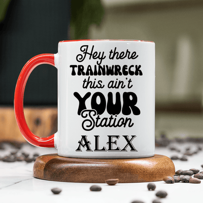 Red Funny Coffee Mug With Trainwreck Station Design