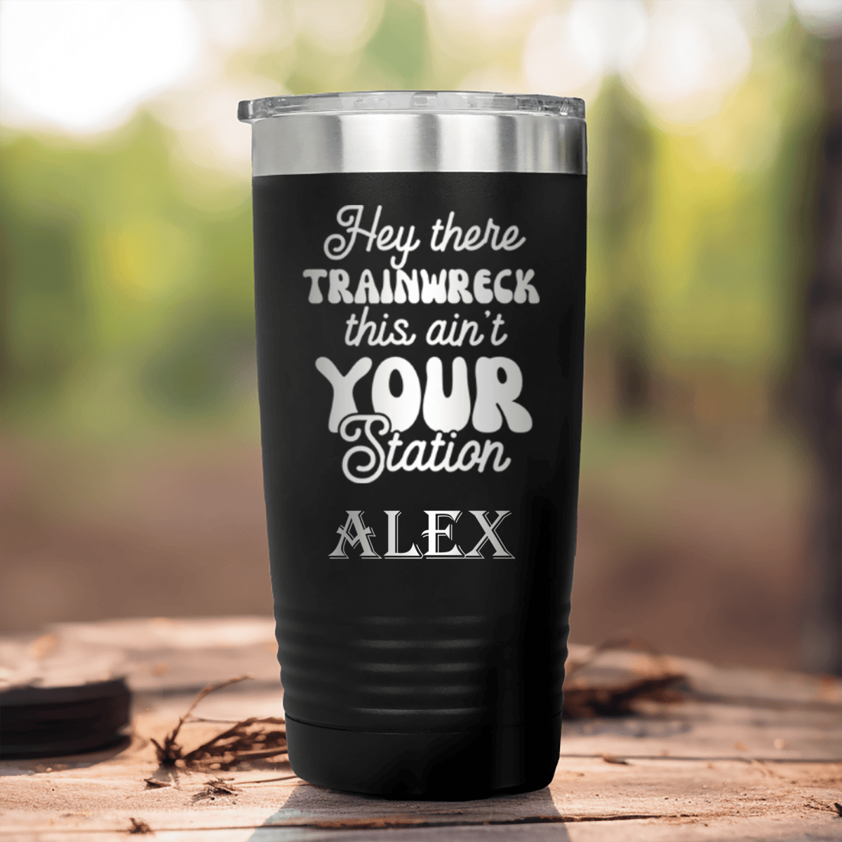 Black Funny Tumbler With Trainwreck Station Design