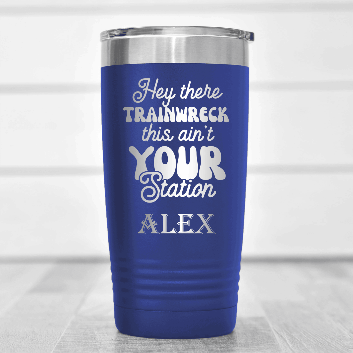 Blue Funny Tumbler With Trainwreck Station Design